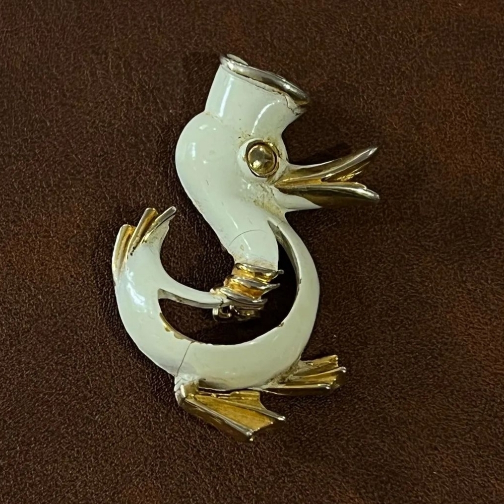 Vintage White Enameled Sailor Duck Brooch, 1960's-1970's